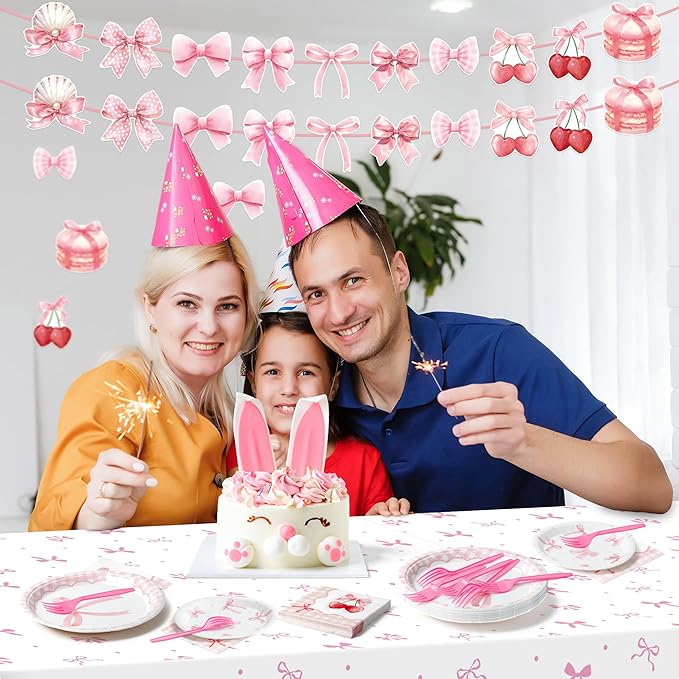 Coquette Pink Bow Party Decoration Set - Serves 24- 112Pcs Bowknot Bachelorette Bridal Themed Tableware Disposable Plate Napkin Tablecloth Banner Card for Birthday Party Supplies