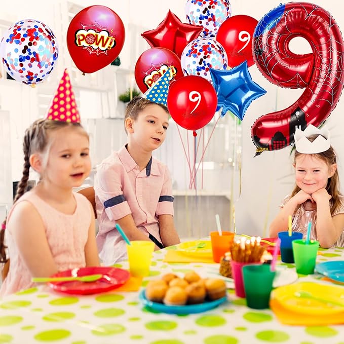 Cartoon Hero 40 Inch Red and Blue Spider Theme Number Foil Birthday Decoration Balloons, Cartoon Party Birthday Supplies, Number Balloons for Spider Theme Party (9)