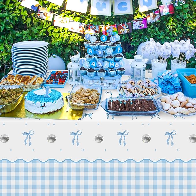 Blue Bow Party Tablecloths - 3Pcs Watercolor Blue Bow Birthday Table Cover, Disposable Plastic Rectangular Table Cloth Party Decorations for Birthday Baby Shower Wedding Supplies