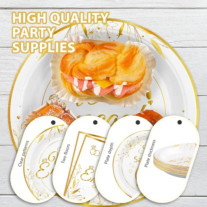 Grencian 96Pcs Happy Engagement Party Supplies White Gold Diamond Ring Plates Napkins She Said Yes Party Disposable Dinnerware for Wedding Bridal Shower Just Engaged Decoration Serve 24
