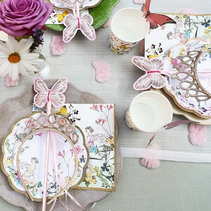 Talking Tables 50pcs Fairy Party Wildflower Decorations Disposable Tableware Butterfly Bunting, Paper Cups, Plates Pretty Napkins Kids Birthday, Mother's Day, Afternoon Tea, Baby Shower for 16 Guests