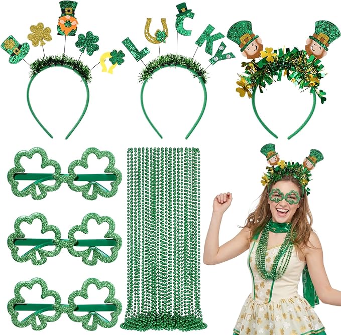 3 Set St Patricks Day Accessories Party Favor Set, Shamrock Glitter Glasses Green Beaded Necklaces Headbands, St Patricks Day Photo Props Irish Costume Accessories for Irish Party Supply