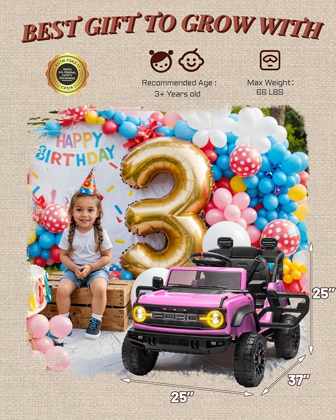First Ride On 12V Electric Ride on Toys for Toddler, Ford Bronco Raptor Kids Ride on Car with Remote Control, 12 Volt Battery Powered Cars for Children with Smooth Start, Bluetooth (12V, Pink)