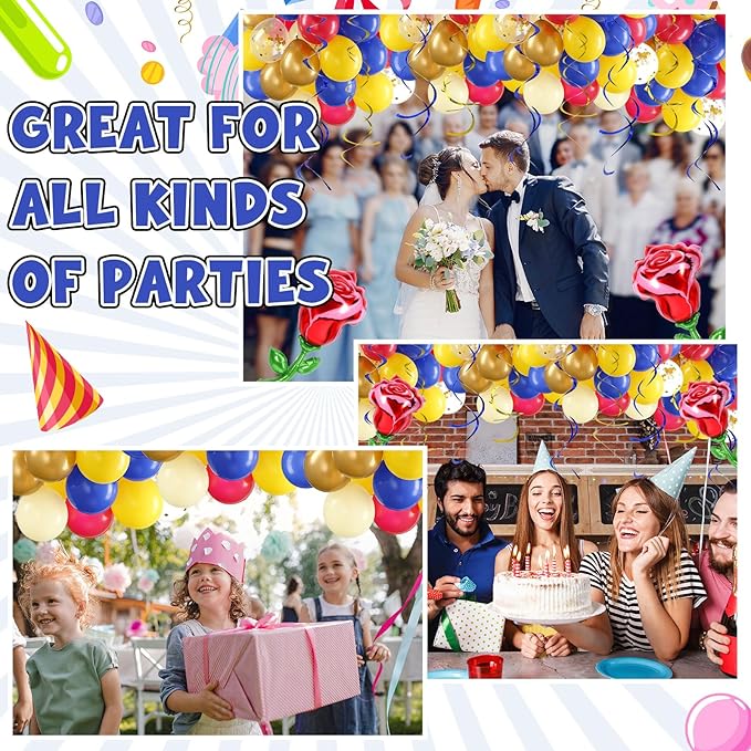 91 Pcs Yellow Blue Gold Birthday Party Decoration Balloons Set, Gold Confetti and Red Rose Foil Balloons, Hanging Swirls for Women Girls Wedding Engagement Birthday Princess Party Supplies
