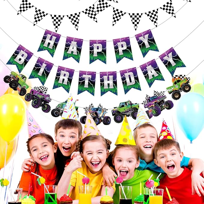 Pasimy 4 Pcs Monster Truck Birthday Banner Cars Truck Garland Black and White Checkered Flags Pennants Green Purple Happy Birthday Bunting Racing Car Theme Party Decorations Supplies