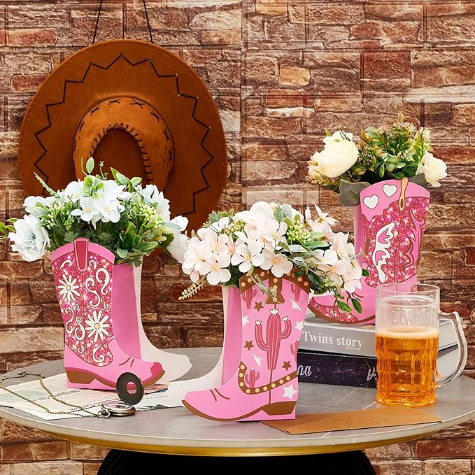 12 Set Western Cowgirl Boots Flower Boxes Centerpiece Boot Shape Gift Boxes Party Decoration Vase Centerpieces for Tables for Rodeo Birthday Baby Shower Wedding Supplies