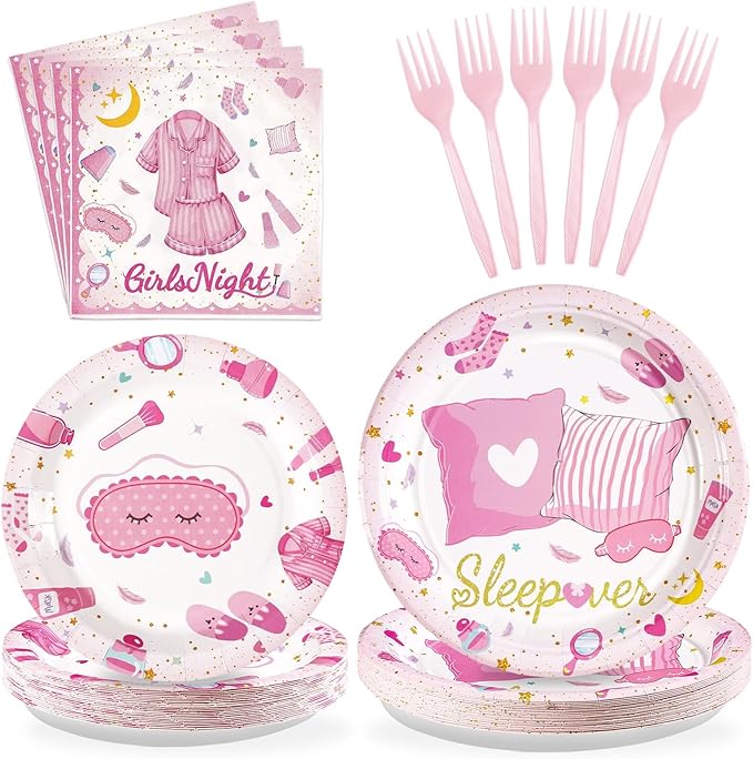 96Pcs Sleepover Party Supplies for Girls Pink Pajama Pillow Fight Plates and Napkins Disposable Slumber Spa Makeup Tableware Set for Girls Ladies Night Birthday Bachelorette Party Decorations Serves24