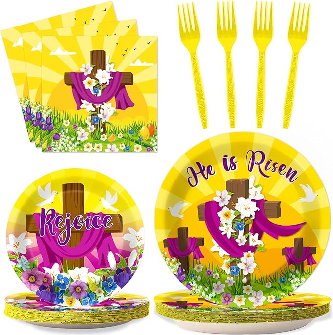 96 Pcs Easter Tableware Set He is Risen Plates Happy Easter Party Plates Easter Religious Plates and Napkins Paper Plates Napkins Forks for 24 Guests