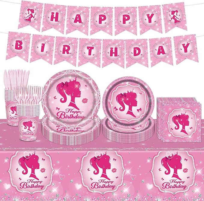 98PCS Pink Girl Birthday Party Supplies Hot Pink Party Tableware Set Sweet Girls Birthday Baby Shower Decorations Princess Paper Plates and Napkins Set Tablecloth Banner Serve 16 Guests