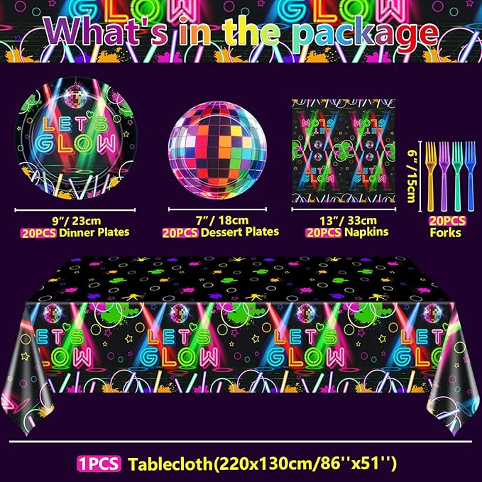 81Pcs Neon Party Supplies Set - Serves 20, Glow in the Dark Party Supplies, Includes Plates, Napkins, Fork, Tablecloth for Halloween Glow Birthday Decorations