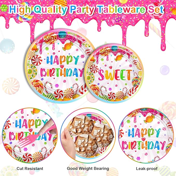 Avezano 192 Pcs Candyland Party Decorations Lollipop Dessert Theme Birthday Party Decorations Disposable Candy Land Tableware Party Supplies Paper Plates Napkins Forks Set for 24 Guests
