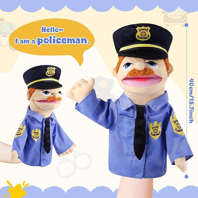 Role Play Hand Puppets Hand Plush Chef Doctor Fireman Pirate Detective Athlete Nurse Worker Hand Puppet Toys Puppets for Kids Storytelling Imaginative Pretend Play Teaching Preschool(Police)