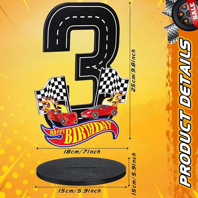 Race Car 3rd Birthday Number Sign Centerpiece Race Car Theme 3rd Birthday Party Supplies Wooden Table Decoration Photo Props for Boys Three Years Old
