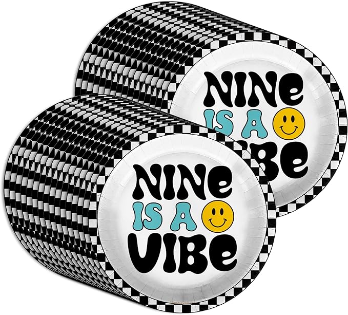 Nine is a Vibe Smiley Face Ninth Birthday - 32 Piece Disposable Party Supplies - Decorations for 9th Birthday Round Party Plates - Large 9" Paper Plates In Bulk