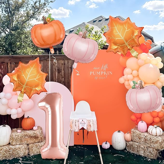 6pcs Little Pumpkin Is Turning One Decorations First Birthday Decorations for Girl with 40" Rose Gold One Balloon, Dusty Pink & Orange Pumpkin Foil Helium Balloons for Fall Birthday