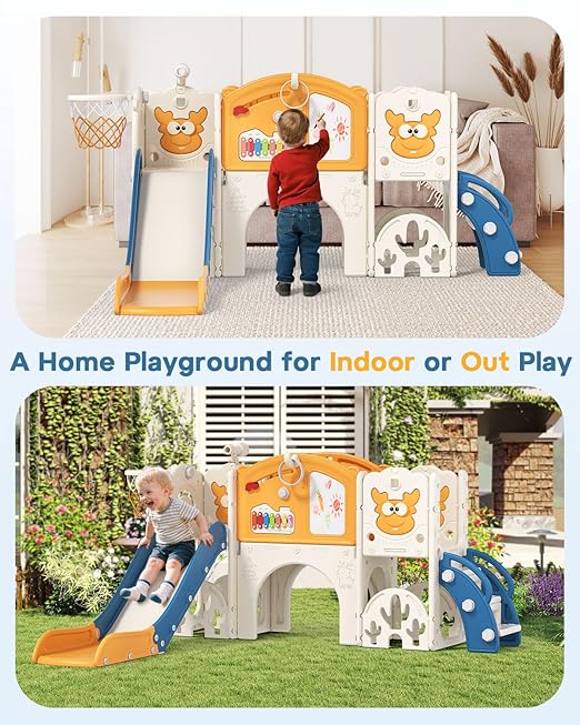 BIERUM Toddler Slide Set with Basketball Hoop, Golf Game & Drawing Board, 13-in-1 Indoor Outdoor Toddler Slides Playground for Kids Ages 1+, Kids Climber Playset for Backyard (Blue&Yellow)
