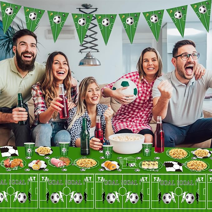 Soccer Party Decorations 98Pcs Soccer Birthday Party Decorations Suppiles Set Include Dinner Plates, Dessert Plates, Napkins, Cups, Banner and Tablecloth Soccer Theme Party Favors Kit