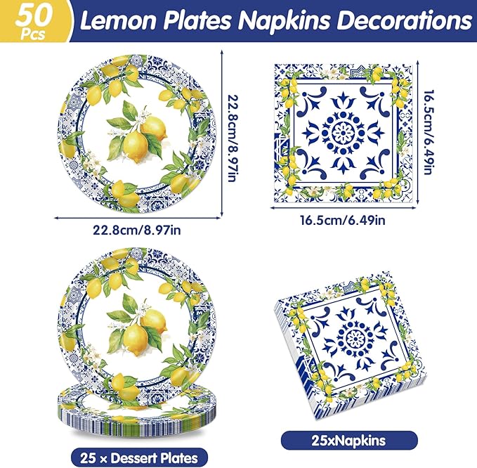 Rakuto Lemon Plates Napkins Decorations - 50 Pcs Blue Tiles Yellow Lemon Paper and Plates Party Decorations, Disposable Summer Fruit Set Supplies for Wedding Birthday Baby Shower Serves 25