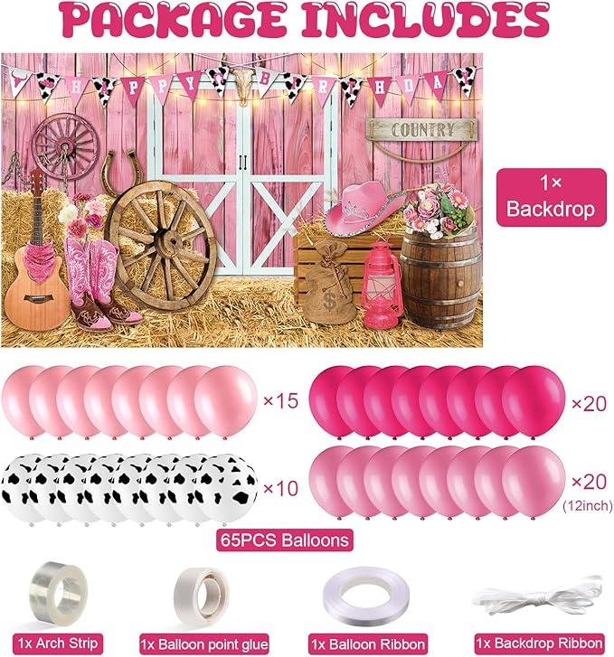 Cowgirl Birthday Party Supplies Western Party Decorations Includes 65pcs Cowgirl Balloons and 1pcs Western Backdrop for Cowboy Rodeo Birthday Country Decorations Supplies(Pink)
