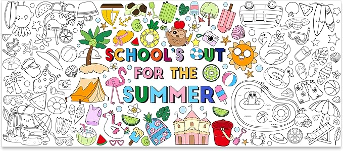 Jumbo End of the School Year Coloring Poster - School’s Out for the Summer DIY Drawing Color-in Paper Blank Art Banner 55.1 x 23.6 Inch Decor, Home Classroom Activity for Kids Party Supplies
