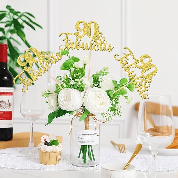 12 PCS 90 and Fabulous Centerpiece Sticks Double Sided Happy 90th Birthday Table Flower Centerpieces Sticks Cheers to 90 Floral Decorations for 90th Birthday Anniversary Party Supplies Gold