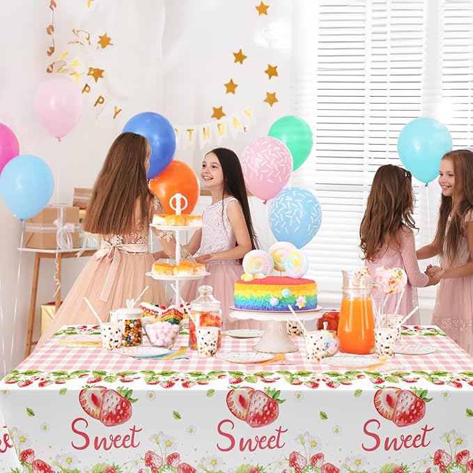 3Pcs Strawberry Tablecloth, 54 x 108 Inch Pink Checkered Plastic Tablecloth, Berry Sweet One Table Covers for Baby Shower, Strawberry Birthday Party, Berry First Birthday Decorations