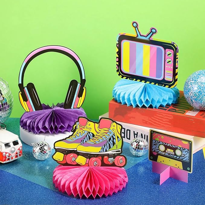 Pasimy 16 Pcs 80s Party Decorations 1980s Honeycomb Centerpieces 3D Hip Hop Table Toppers Back to The 80s Retro Rock Hippie Photo Props for Throwback Birthday Neon Party Favors Supplies