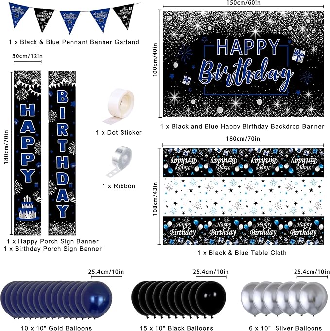 Black and Blue Birthday Decorations, 37 PCS Blue Silver Party Decorations for Boys Men Women Girls, Balloon Supplies with Happy Birthday Backdrop Banner Tablecloth Confetti Balloons Arch