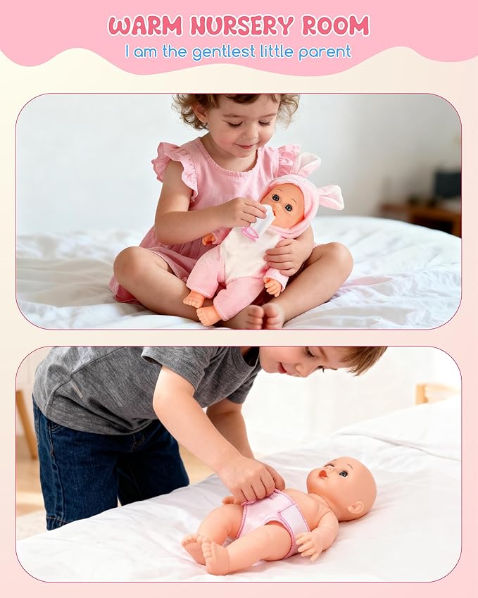 Baby Doll Stroller Set with 2 Doll Outfits, Toy Baby Stroller for Dolls with Diaper, Bib & Mini Bag, Imaginative Role-Play Gift for Toddlers 2+