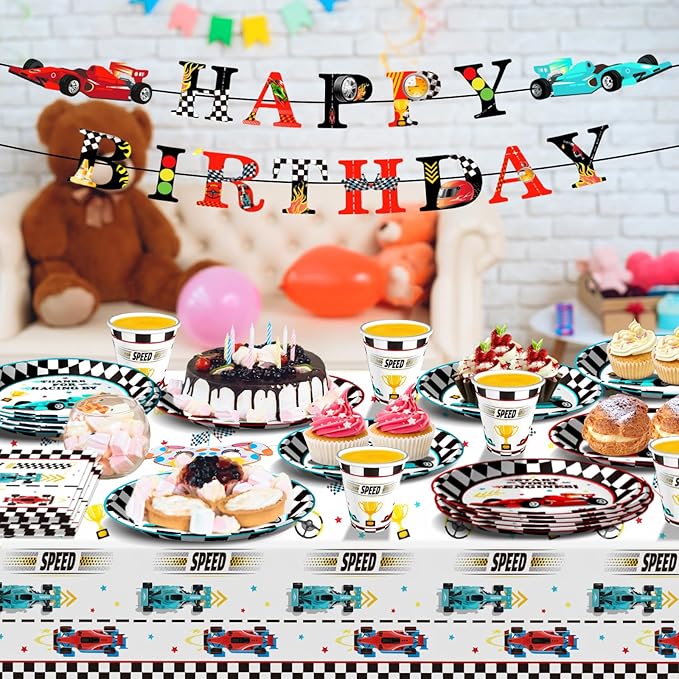 Race Car Birthday Party Decorations Supplies Set Includes Plates Napkins Cups Banner and Tablecloth for Race Car Party Decorations, Serve 24