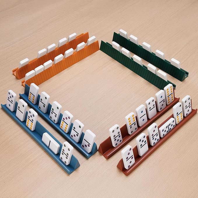 Silicone Domino Racks Set of 8, 10"x1.18"x1.18" Dominoes Holders/Trays 3 Tilt Options for Mexican Train Chickenfoot & Other Domino Games, Double 6 Accessories, 4 Colors (Dominoes NOT Included)