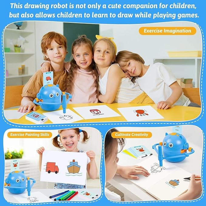 Drawing Robot for Kids, Interactive Kids Drawing Robot, Fun Drawings Robots Toy with Voice 100 Word Cards & 12 Color Pens, Educational Creatively Children Drawings Robots Painting Toy, for Boys Girls