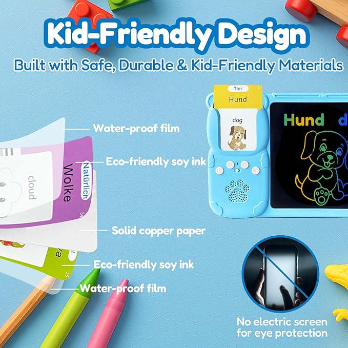 Drawing Tablet with Bilingual Flashcards for Kids - German English Talking Flash Cards, LCD Writing Pad Board, Pocket Speech for Toddlers, Learning Toy Gift for Boys Girls (German, Blue)