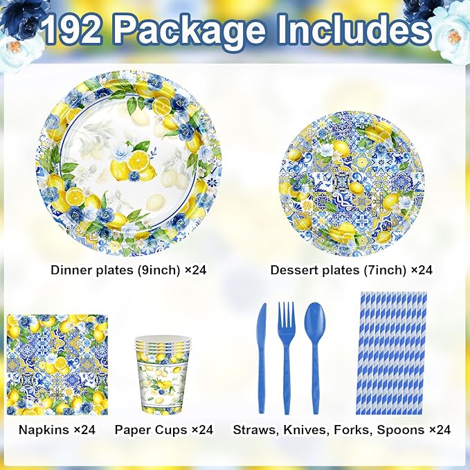 Avezano 192 Pcs She Found Her Main Squeeze Bridal Shower Decorations Capri Lemon Bridal Shower Plates and Napkins Set Lemon Baby Shower Birthday Party Supplies for 24