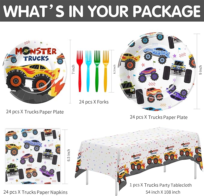 APOWBLS Monster Truck Birthday Party Supplies, Monster Theme Jam Party Decorations Tableware, Plate, Napkin, Tablecloth, Fork, Monster Truck Birthday Plate And Napkin Decorations Dinnerware | Serve 24