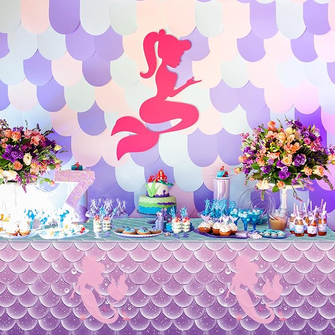Jectivs 6Pcs Mermaid Birthday Party Tablecloth Decorations,Disposable Plastic Table Cover for Princess Under The Sea Baby Shower Themed Kids Birthday Party Supplies,108x54 Inch
