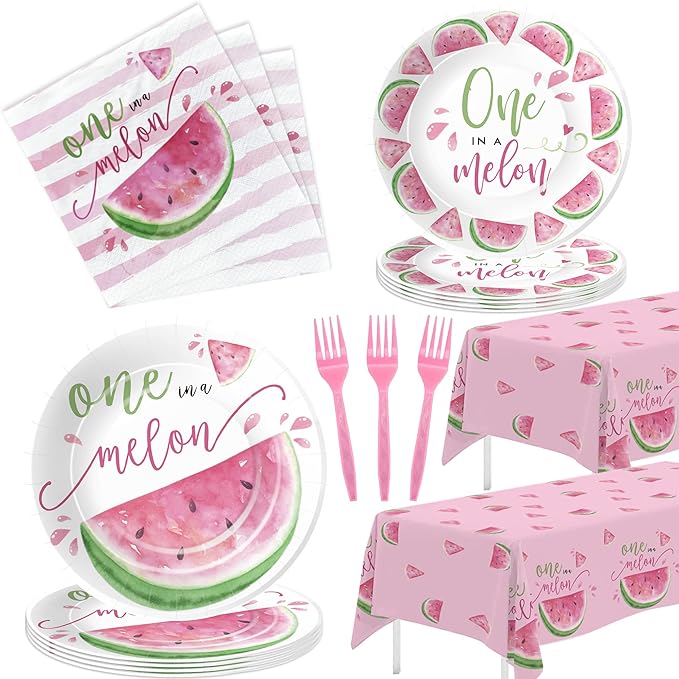 APOWBLS One In A Melon Party Decorations Tableware, Watermelon Party Supplies For 1st Birthday, Plate, Napkin, Tablecloth, Fork, Watermelon First Birthday Plates & Napkins Party Decorations | Serve 24
