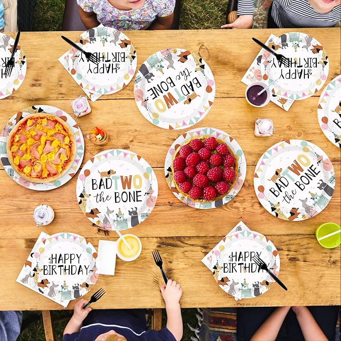 96Pcs Bad Two the Bone Party Supplies 2nd Dog Birthday Plates and Napkins Cute Cartoon Dog Theme Tableware Set for 2 Year Old Puppy Themed Birthday Party Supplies，Serves 24