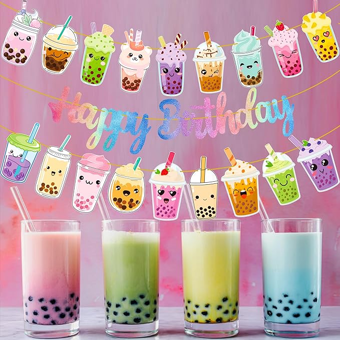 Bubble Tea Birthday Party Decoration Bubble Milk Tea Theme Colorful Happy Birthday Banners for Boba Theme Birthday Party Baby Shower Supplies