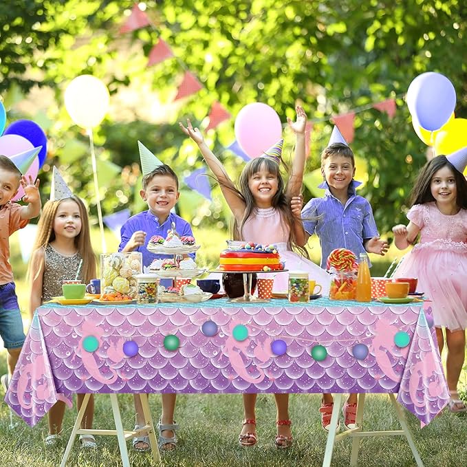 Jectivs 3Pcs Mermaid Birthday Party Tablecloth Decorations,Disposable Plastic Table Cover for Princess Under The Sea Baby Shower Themed Kids Birthday Party Supplies,108x54 Inch