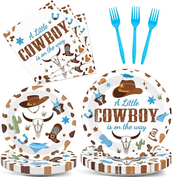 gisgfim 96Pcs Cowboy Baby Shower Plates and Napkins Party Supplies Western Cowboy Party Birthday Tableware Set A Little Cowboy is on the Way Party Decorations for Boy Baby Shower Serves 24