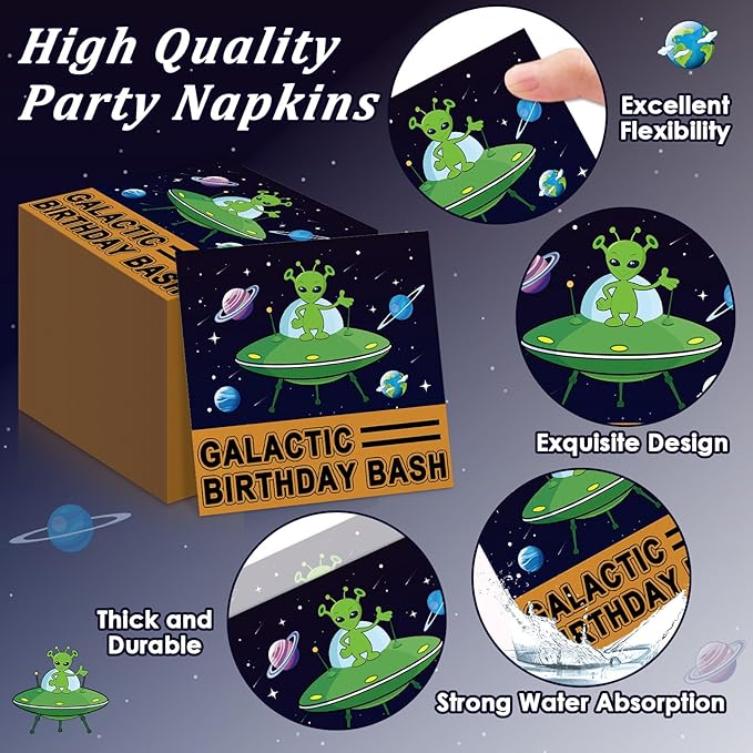 OBUSATT 96 Pcs Alien Theme Paper Plates and Napkins Outer Theme Space Birthday Party Supplies Galactic Birthday Tableware Set for Boys Girls Galaxy Party Decorations Favors for Serves 24