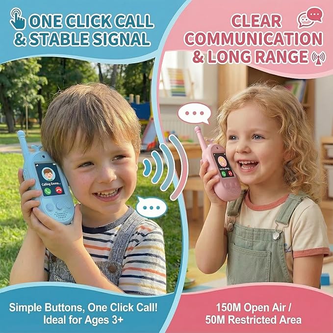 Video Walkie Talkies for Kids, Headband Emoji Function, 4 Voice Changing Switches, Hanging Rope Top-C Charging, Video Walkie Talkies (Blue+Pink, Suitable for Children Over 4 Years Old)