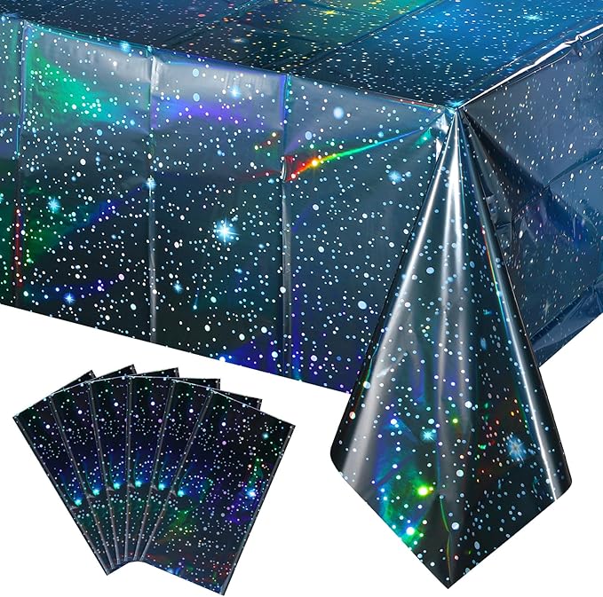 6Pcs Iridescent Space Tablecloths, Disposable Plastic Blue Galaxy Table Cloth Rectangle Table Covers for Space Starry Night Star Theme Party Birthday Party Decorations, 54x108 Inch