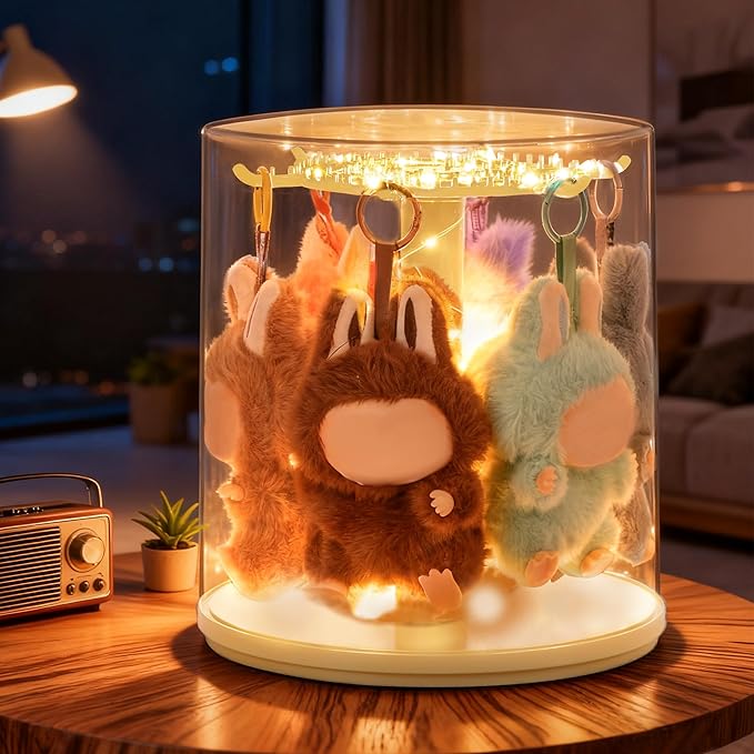 Rotating Display Case with LED Lights – 6.7 Inch Clear Acrylic Figure Showcase for Labubu, Art Toys, Blind Box Collectibles & Mini Figures, Dustproof Display Box (Beige)