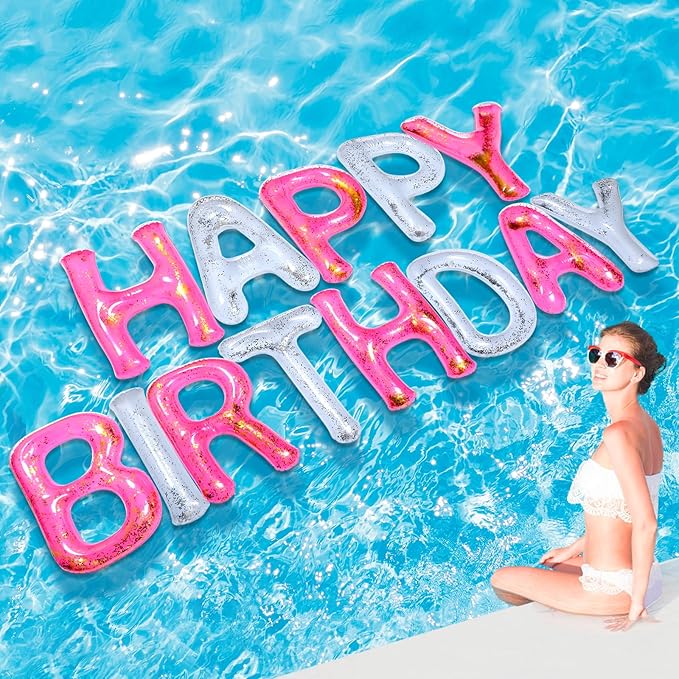 Shappy 20'' Happy Birthday Pool Large Floating Letter Balloons with Adhesive Dots Inflatable Pool Decorations for Summer Birthday Party