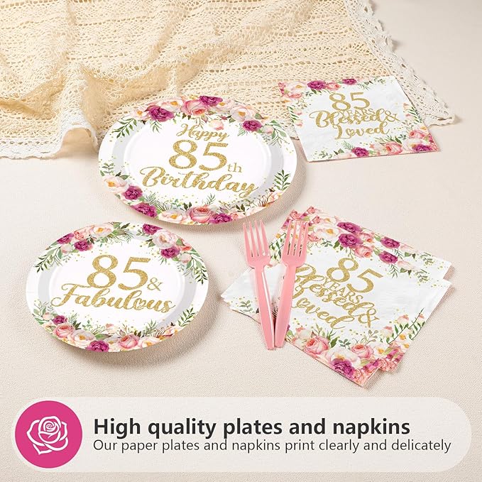 96Pcs 85th Birthday Decorations for Women Rose Gold Floral Party Plates and Napkins Disposable 85th Birthday Gifts Tableware Set for Women Fabulous Party Decorations Serves 24