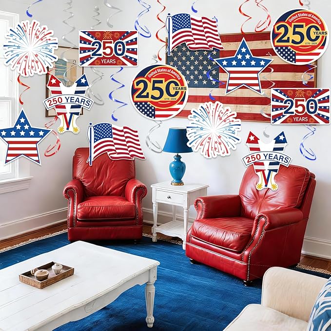 USA 250th Anniversary Hanging Swirls, 30Pcs United States 250 Years Ceiling Streamers Hanging Ornaments for American Anniversary Party Decorations