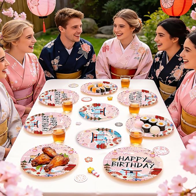 96 Pcs Hibachi Party Decorations Japanese Cherry Blossom Birthday Party Supplies Disposable Pink Hibachi Paper Plates Tableware for Birthday Hibachi Japanese Party Decorations Serves 24