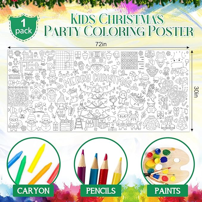 Giant Coloring Poster for Kids, 30x72 Inch Merry Christmas Large Coloring Tablecloth Banner, Color-in Activities Games for Kids School Classroom Home Party Supplies Decorations